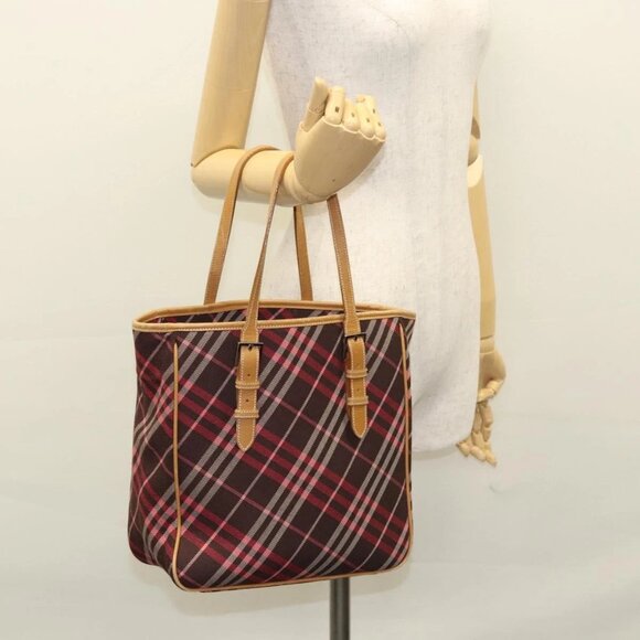 BURBERRY Nova Check Blue Label Tote Bag Canvas Pink Silver Auth - Picture 1 of 15